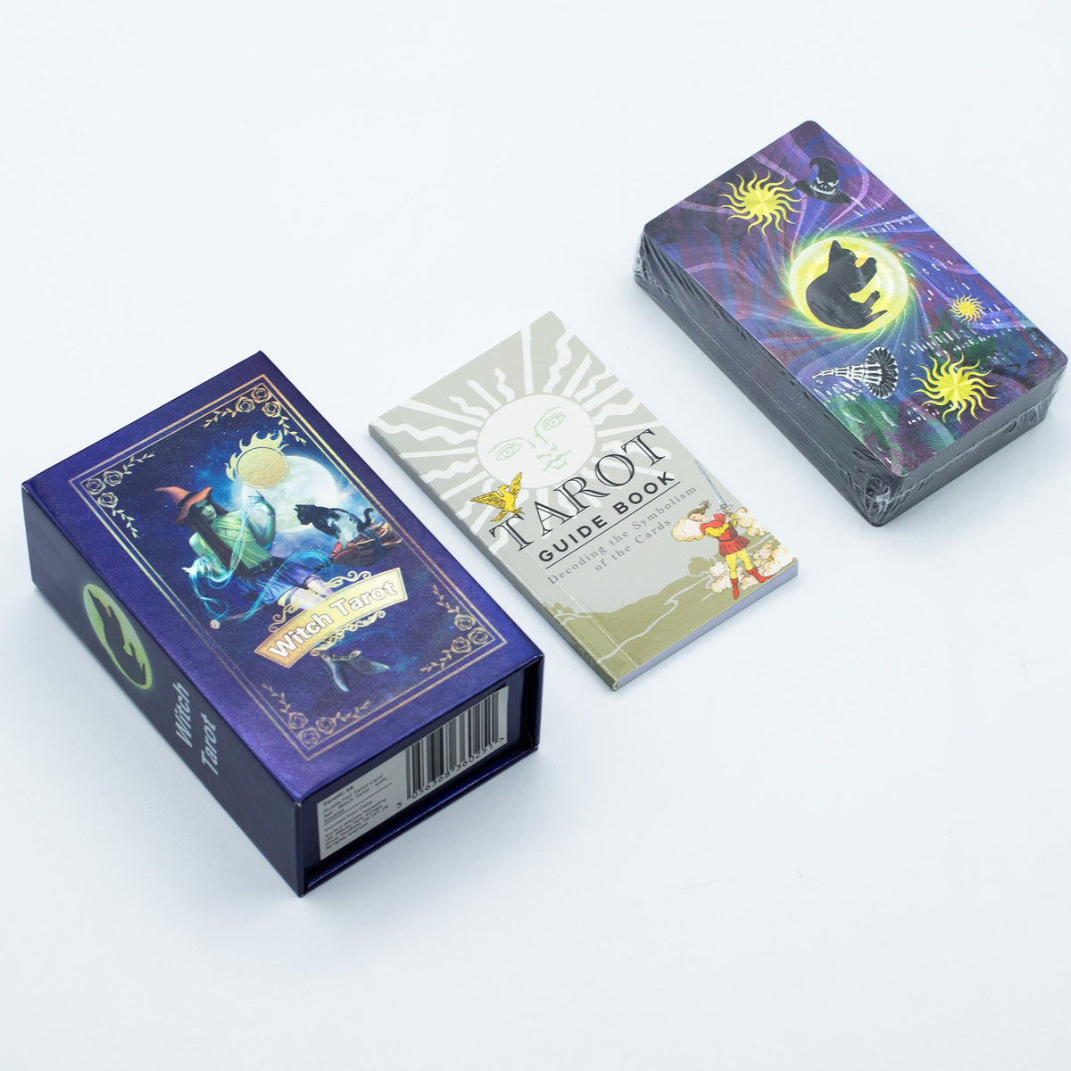Taro kortos „Witch Tarot“ su violetinės folijos detalėmis ir knygele