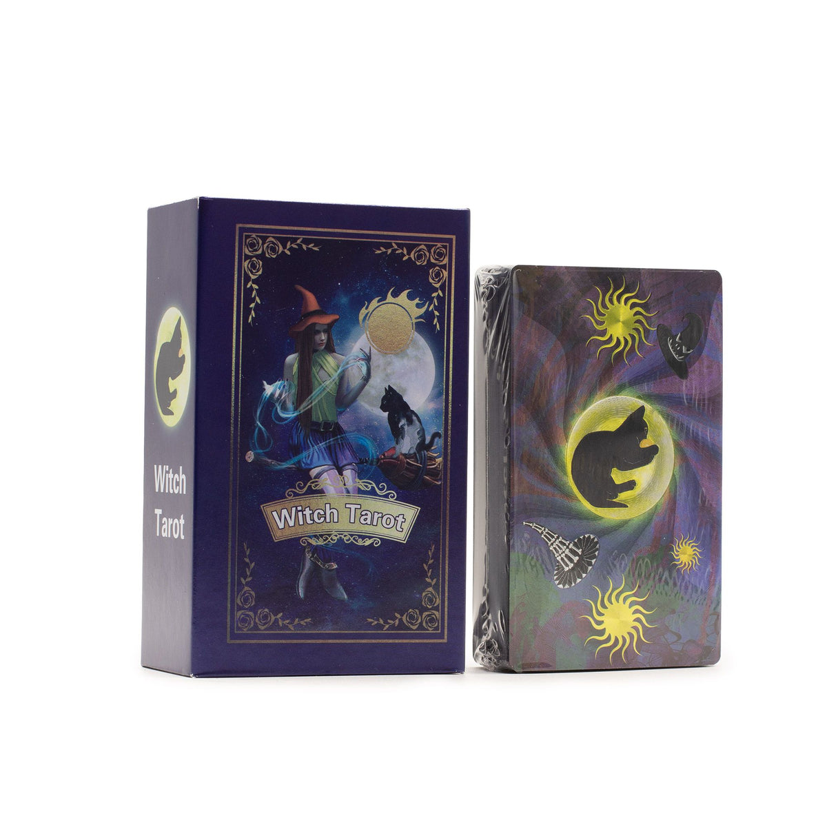 Taro kortos „Witch Tarot“ su violetinės folijos detalėmis ir knygele